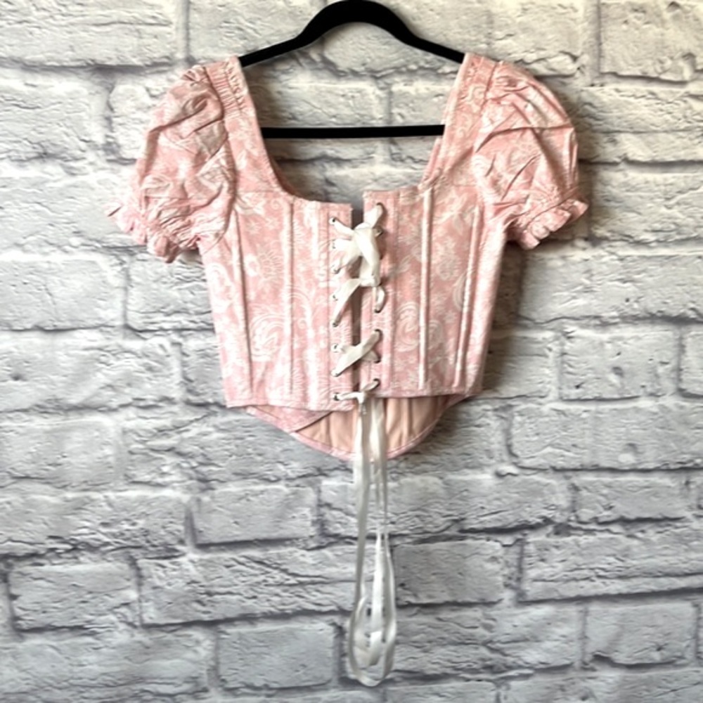 Corset Story Pink English Rose Corset Cottagecore Coquette Lace Up Crop Bustier - Picture 4 of 12
